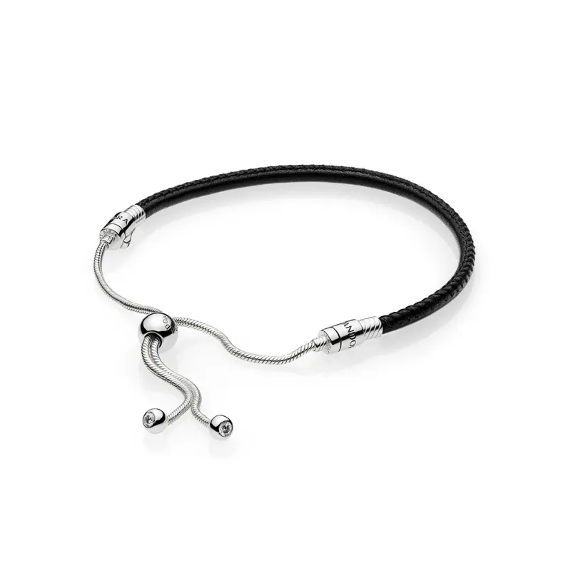 Pandora Pulseira Deslizante de Couro Preto Pandora Moments 597225CBK-2