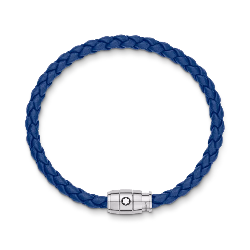 Montblanc Pulseira Aço 3 argolas e Couro Azul 130899
