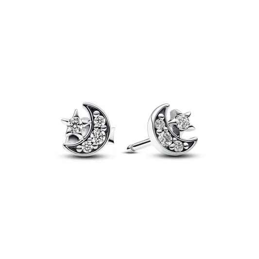 Pandora Crescent moon sterling silver stud Brincos with clear cubic 292990C01