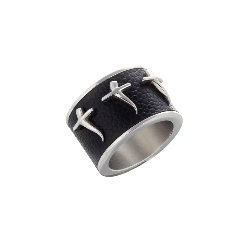 Marcolino Breil Anel Aço Cruz Pele Preta 2.13141.010.1