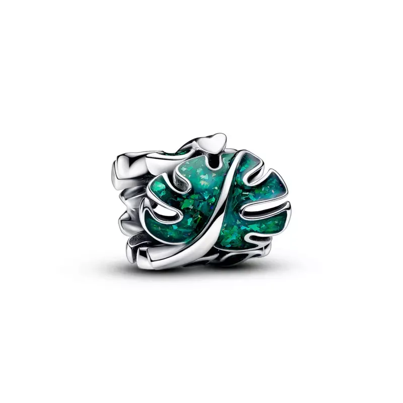Pandora Monstera leaves sterling silver charm with holographic glitt 793332C01