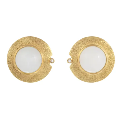 Brincos Ouro Amarelo com Pedra Leitosa e Diamante