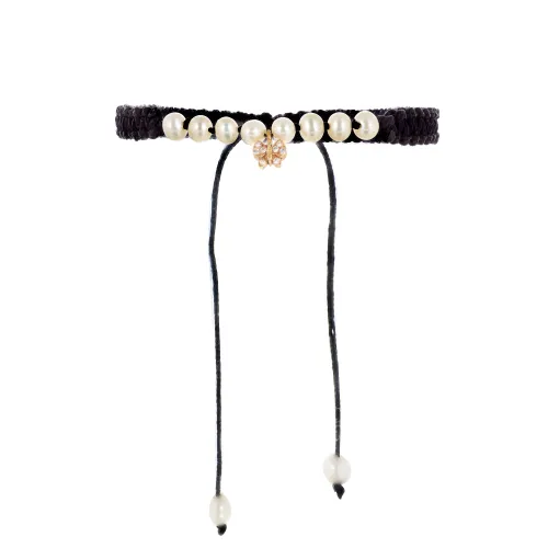 Pulseira Fio Preto com Perolas Ouro Rosa com Diamantes