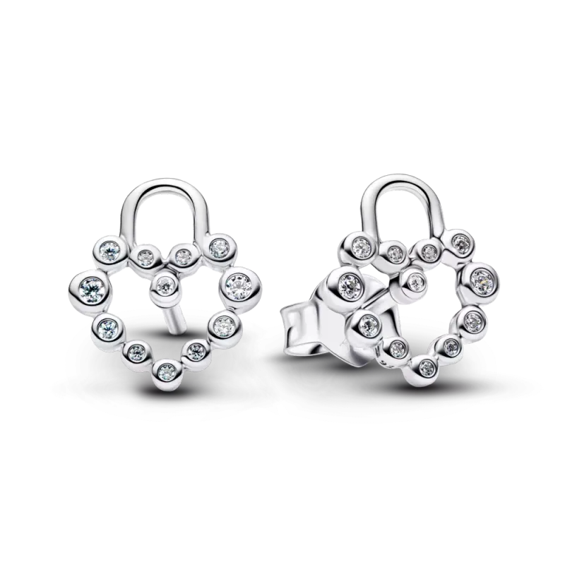 Pandora Heart padlock sterling silver stud earrings with clear cubic 294419C01
