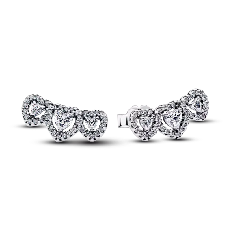 Pandora Triple heart sterling silver stud earrings with clear cubic 294411C01