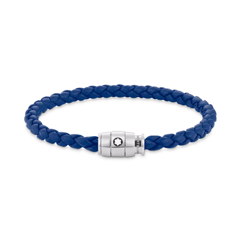 Montblanc Pulseira Aço 3 argolas e Couro Azul 130899