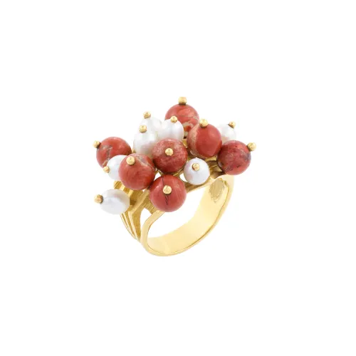 Anel Ouro Amarelo com Coral e Perolas