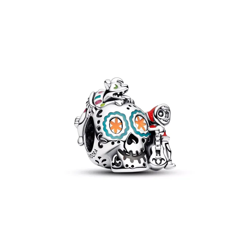 Pandora Disney Pixar Coco skull sterling silver charm with red, gree 792817C01