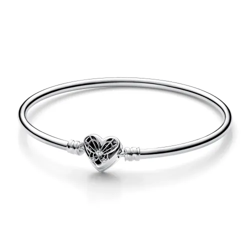 Sterling silver bangle with heart clasp and clear cubic zirc