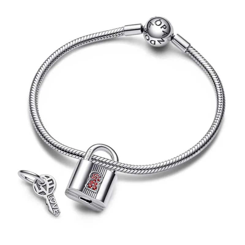 Pandora Padlock and key sterling silver dangle with salsa red crysta 790088C02