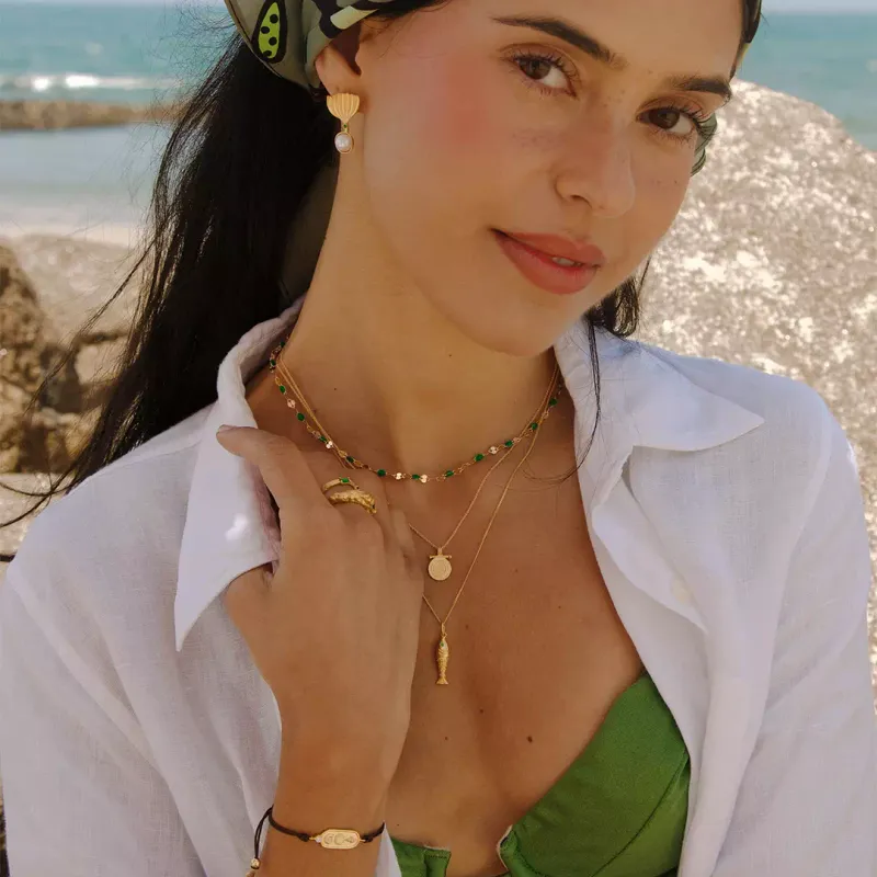 Mesh Colar compendente peixe, em prata 925 com banho de ouro 1254004D