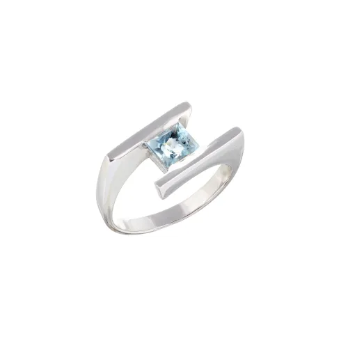 Anel Ouro Branco com Pedra Azul