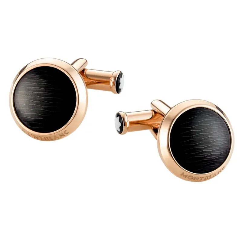 Montblanc Cuff Links, Round, Stainless Steel, Black Lacquer Inlay 112903